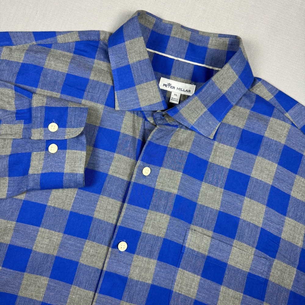 Peter Millar Mens XL Blue Grey Buffalo Check Cotton Button Down Long Sleeves